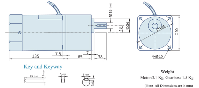 90 Watt : AC Geared Motor With Lead Wires